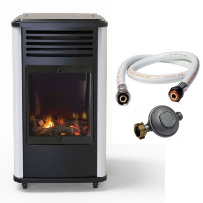 Chauffage à gaz 3.4 KW mobile Effet feu Blanc et Noir + Tuyau gaz + Détendeur butane Manhattan Sahara