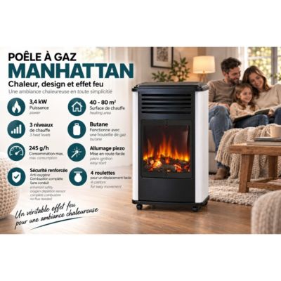 Chauffage à gaz 3.4 KW mobile Effet feu Blanc et Noir + Tuyau gaz + Détendeur butane Manhattan Sahara