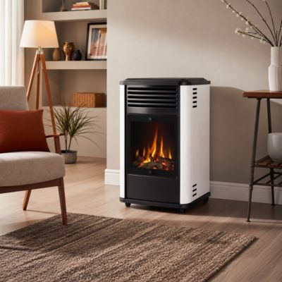 Chauffage à gaz 3.4 KW mobile Effet feu Blanc et Noir + Tuyau gaz + Détendeur butane Manhattan Sahara
