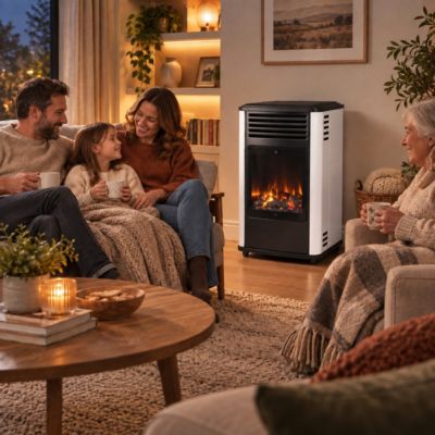 Chauffage à gaz 3.4 KW mobile Effet feu Blanc et Noir + Tuyau gaz + Détendeur butane Manhattan Sahara