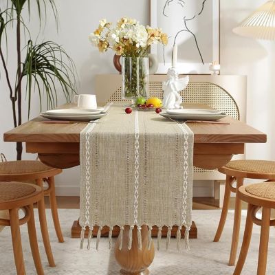 Chemin de Table Bohème Coton et Lin 33 x 120 cm Jaune Amande