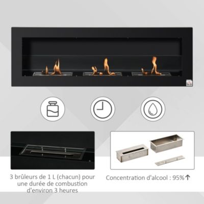 Cheminée bioéthanol murale design Bauhaus - 3xbrûleurs 1L - pare-feu verre trempé, kit fixation- acier inox. acier dépoli