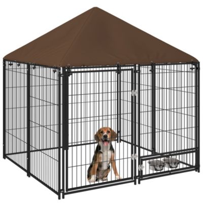 Chenil extérieur chien métal tissu avec support gamelle et toit dim. 141L x 141l x 151H cm noir marron