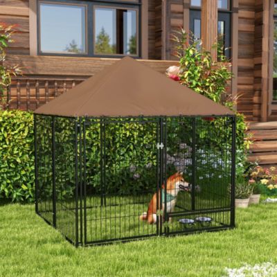 Chenil extérieur chien métal tissu avec support gamelle et toit dim. 141L x 141l x 151H cm noir marron