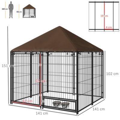 Chenil extérieur chien métal tissu avec support gamelle et toit dim. 141L x 141l x 151H cm noir marron