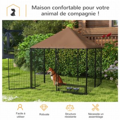 Chenil extérieur chien métal tissu avec support gamelle et toit dim. 141L x 141l x 151H cm noir marron