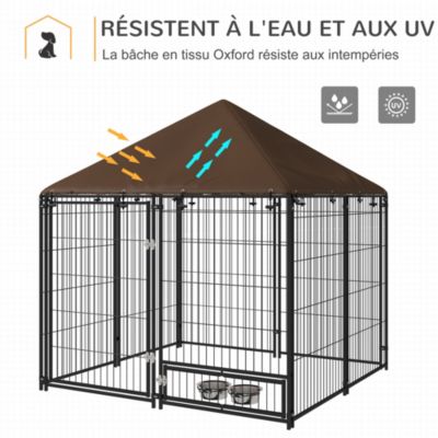 Chenil extérieur chien métal tissu avec support gamelle et toit dim. 141L x 141l x 151H cm noir marron