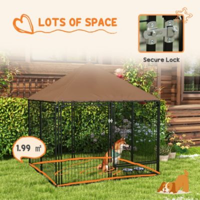 Chenil extérieur chien métal tissu avec support gamelle et toit dim. 141L x 141l x 151H cm noir marron