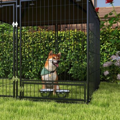 Chenil extérieur chien métal tissu avec support gamelle et toit dim. 141L x 141l x 151H cm noir marron