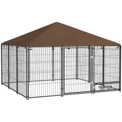 Chenil extérieur couvert pour chien 2 supports gamelles rotatifs porte verouillable acier noir
