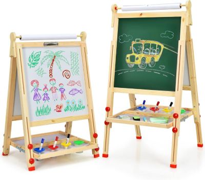 Chevalet 3 en 1 en Bois de Pin avec Hauteur Reglable Tableau en Double Face avec Patins Antiderapants Structure Solide