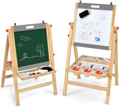Chevalet pour Enfants avec Rouleau de Papier,avec Tableau Noir et Blanc Double Face,5 Niveaux Réglable,Cadeau Noel (Gris)