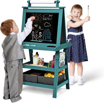 Chevalet pour Enfants Double Faces Noir et Blanc Tableau de Dessin Magnetique Rouleau de Papier Boîtes de Rangement Bleu