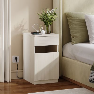 Chevet avec charge USB et prises, aspect bois clair 33x40x61,5cm, poubelle fournie pour chambre