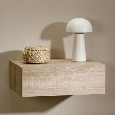 Chevet suspendu OCEANE, étagère murale avec 1 tiroir sans poignée, en bois décor chêne sonoma