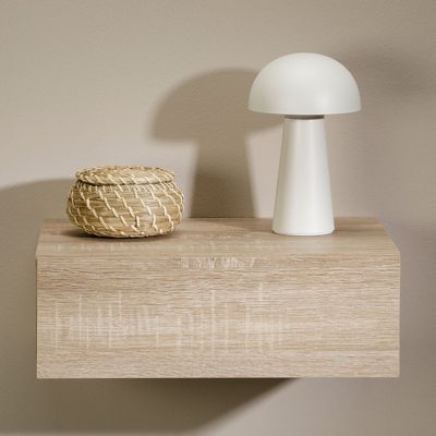 Chevet suspendu OCEANE, étagère murale avec 1 tiroir sans poignée, en bois décor chêne sonoma