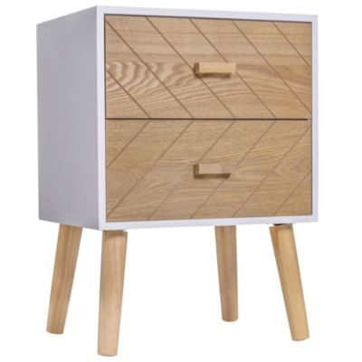 Chevet table de nuit design scandinave 40L x 30l x 56H cm 2 tiroirs bois massif pin MDF blanc et hêtre motif graphique