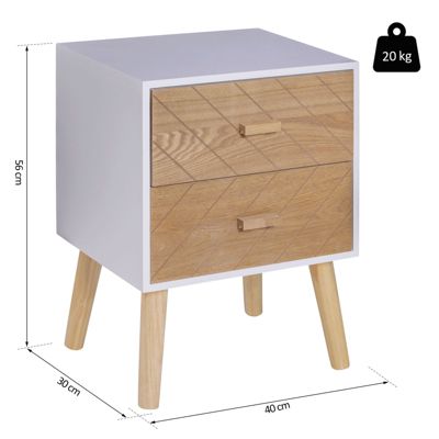 Chevet table de nuit design scandinave 40L x 30l x 56H cm 2 tiroirs bois massif pin MDF blanc et hêtre motif graphique