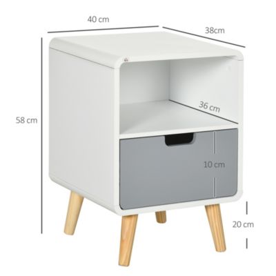 Chevet table de nuit design scandinave 40L x 38l x 58H cm tiroir + niche bois massif pin MDF blanc bleu gris