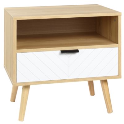 Chevet table de nuit design scandinave tiroir + niche bois pin panneaux particules motif chevrons blanc aspect chêne clair