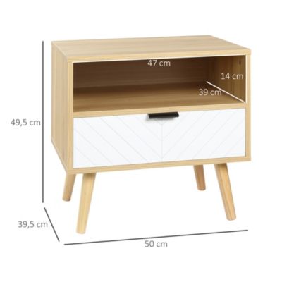 Chevet table de nuit design scandinave tiroir + niche bois pin panneaux particules motif chevrons blanc aspect chêne clair