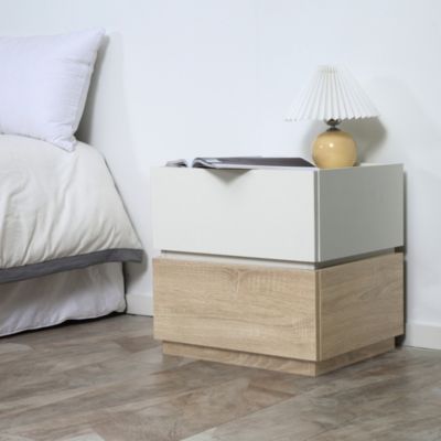 Chevet table de nuit modulable empilable - 2 tiroirs - dim. 50L x 40l x 47,5H cm - blanc aspect chêne clair