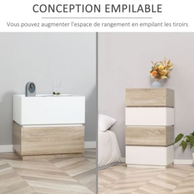 Chevet table de nuit modulable empilable - 2 tiroirs - dim. 50L x 40l x 47,5H cm - blanc aspect chêne clair