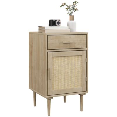 Chevet table de nuit style naturel - porte, étagère, tiroir - cannage rotin aspect bois clair