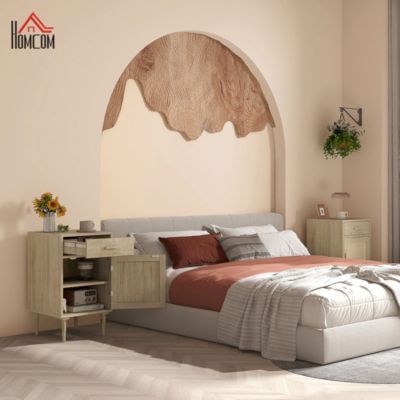 Chevet table de nuit style naturel - porte, étagère, tiroir - cannage rotin aspect bois clair