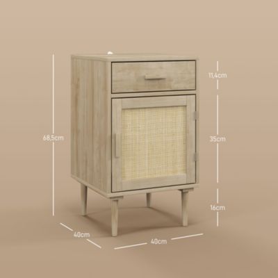 Chevet table de nuit style naturel - porte, étagère, tiroir - cannage rotin aspect bois clair