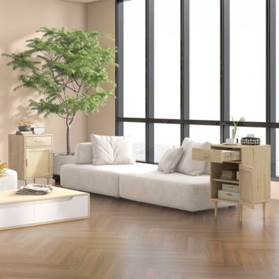 Chevet table de nuit style naturel - porte, étagère, tiroir - cannage rotin aspect bois clair