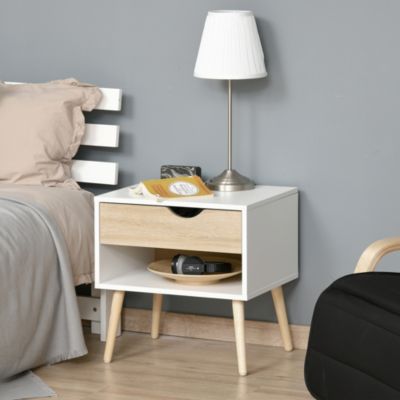 Chevet table de nuit tiroir niche design moderne pieds bois aspect chêne clair blanc