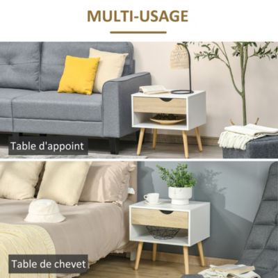 Chevet table de nuit tiroir niche design moderne pieds bois aspect chêne clair blanc