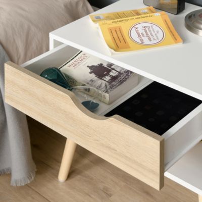 Chevet table de nuit tiroir niche design moderne pieds bois aspect chêne clair blanc