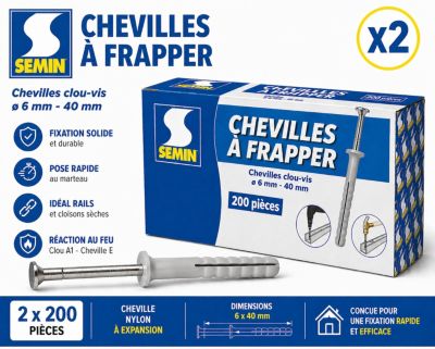 Cheville Clous Vis à Frapper Semin, 6 x 40 mm, Boite de 200 (lot de 2)