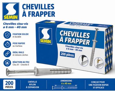Cheville Clous Vis à Frapper Semin, 6 x 40 mm, Boite de 200