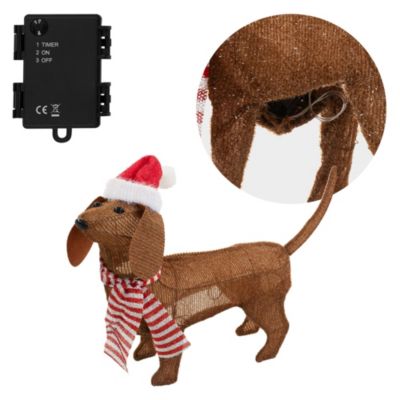 Chien lumineux Noël ECD Germany avec bonnet et écharpe 60x43cm à piles 40 LEDs blanc chaud minuterie