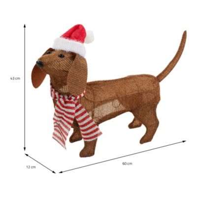 Chien lumineux Noël ECD Germany avec bonnet et écharpe 60x43cm à piles 40 LEDs blanc chaud minuterie