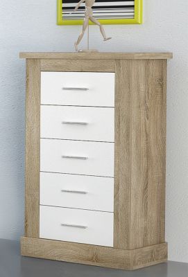 Chiffonnier avec 5 tiroirs coloris Chêne cambrian, blanc - Longueur 66 x profondeur 39,6 x hauteur 107 cm
