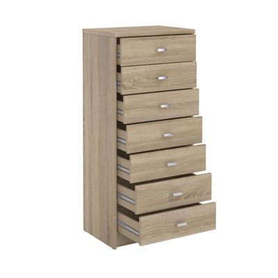 chiffonnier DONIA, H 112 cm en bois coloris chêne sonoma, petite commode avec 7 tiroirs en colonne meuble de rangement