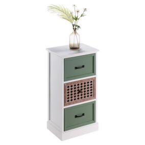 Chiffonnier FIONA petite commode avec 3 tiroirs, style ethnique, en bois de paulownia blanc et vert
