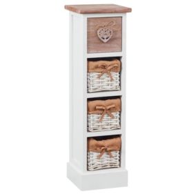 Chiffonnier FLOWER petit meuble avec 1 tiroir et 3 paniers étagère en bois de paulownia blanc et brun style shabby chic