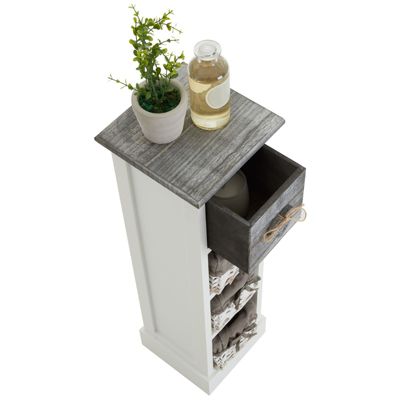 Chiffonnier FLOWER petit meuble avec 1 tiroir et 3 paniers étagère en bois de paulownia blanc et gris style shabby chic