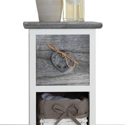 Chiffonnier FLOWER petit meuble avec 1 tiroir et 3 paniers étagère en bois de paulownia blanc et gris style shabby chic