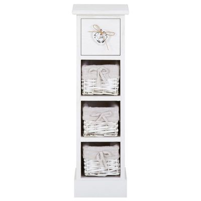 Chiffonnier FLOWER petit meuble avec 1 tiroir et 3 paniers étagère en bois de paulownia blanc style shabby chic