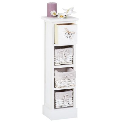 Chiffonnier FLOWER petit meuble avec 1 tiroir et 3 paniers étagère en bois de paulownia blanc style shabby chic
