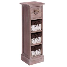 Chiffonnier FLOWER petit meuble avec 1 tiroir et 3 paniers étagère en bois de paulownia brun, style shabby chic vintage rustique
