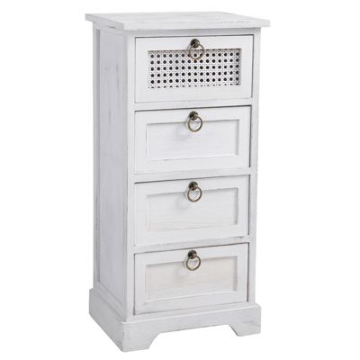 Chiffonnier IRMA petite commode avec 4 tiroirs, en bois de paulownia blanc style shabby chic vintage bohême avec déco en rotin
