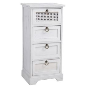 Chiffonnier IRMA petite commode avec 4 tiroirs, en bois de paulownia blanc style shabby chic vintage bohême avec déco en rotin