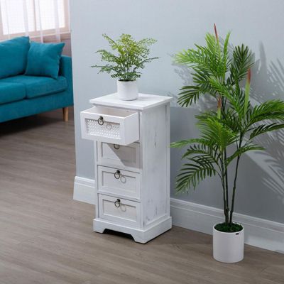 Chiffonnier IRMA petite commode avec 4 tiroirs, en bois de paulownia blanc style shabby chic vintage bohême avec déco en rotin
